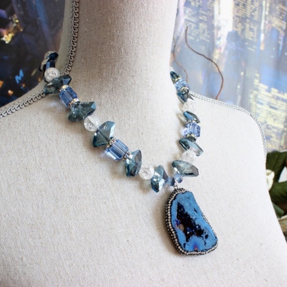 Cobalt Blue Druzy Stone Pendant Crystals Necklace - Picture 4 of 7